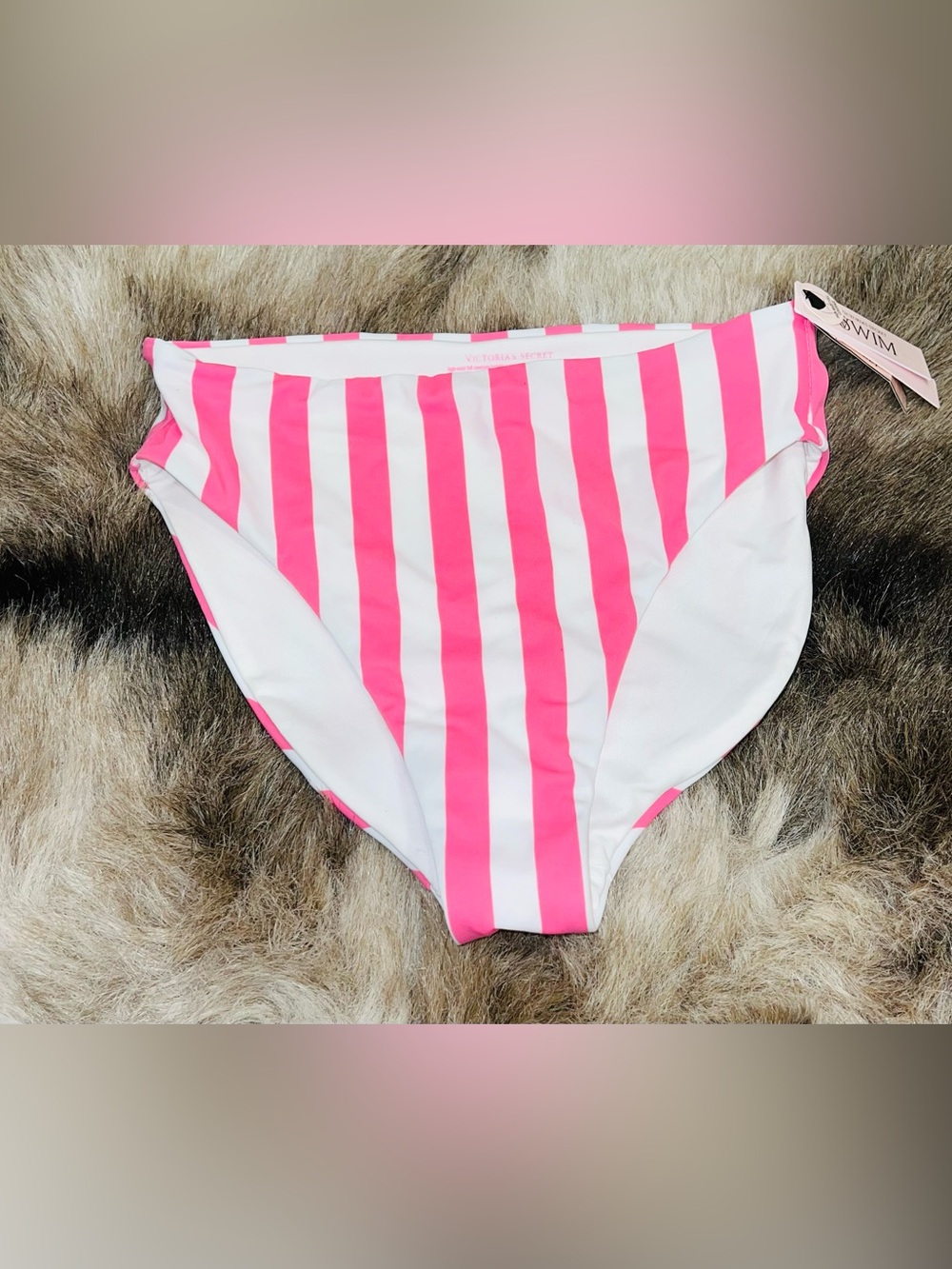 NWT Victoria's Secret Pink and White Striped High-Waist Bikini Bottom , SMALL